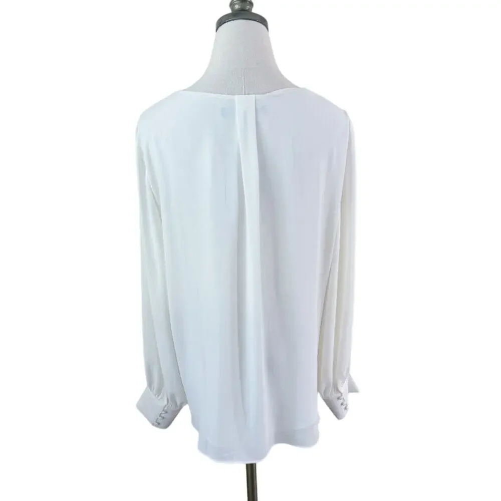 NWT WHBM Cream Long Sleeve Blouse Size Large V-Neck Button Detail 100% Polyester - Picture 5 of 10